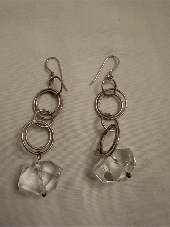 Jewelry - Handmade Silver Hoop Link Drop Earrings with Clear Crystal Stone